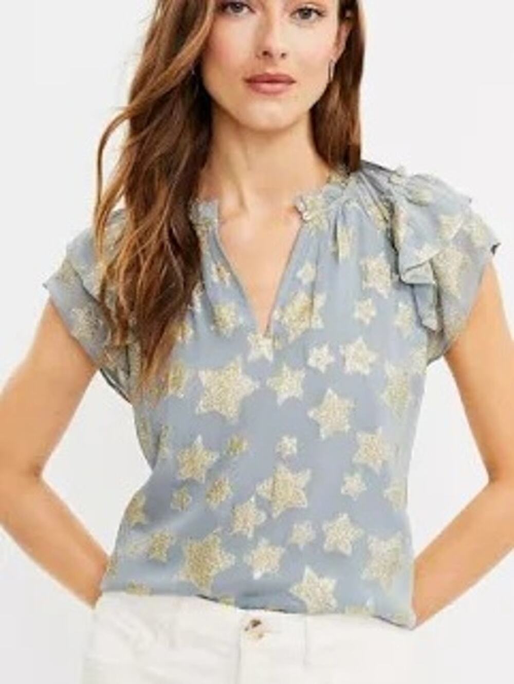 NWT Loft Womens Metallic Shimmer Star Blouse Gold Ruffle Dainty Flutter Small